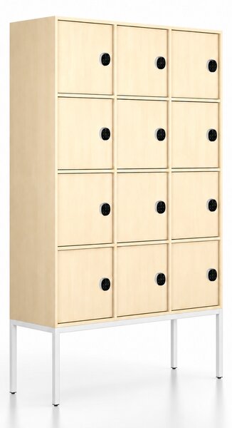 Szafa biurowa FRAME, podstawa biała, 12x drzwi, 1299 x 450 x 2185 mm, mechaniczny zamek szyfrowy, brzoza