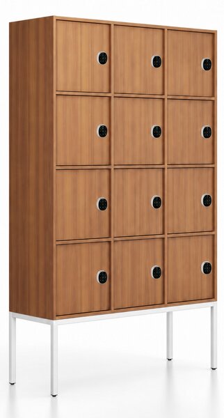 Szafa biurowa FRAME, podstawa biała, 12x drzwi, 1299 x 450 x 2185 mm, mechaniczny zamek szyfrowy, orzech