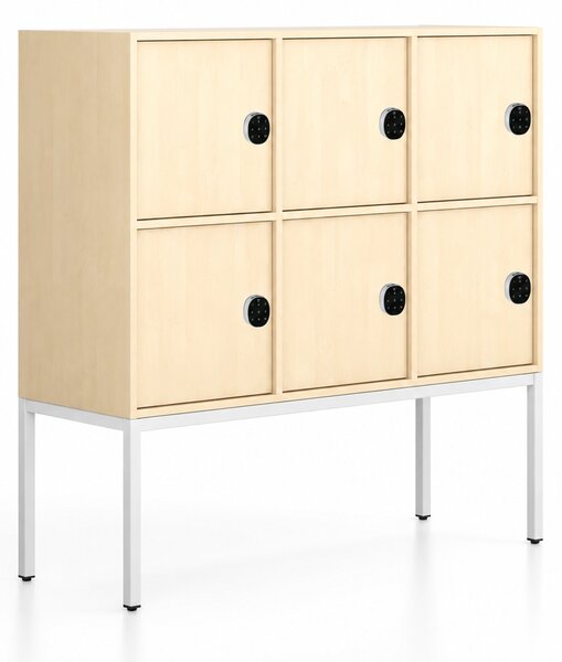 Szafa biurowa FRAME, niska, podstawa biała, 6x drzwi, 1299 x 450 x 1331 mm, mechaniczny zamek szyfrowy, brzoza
