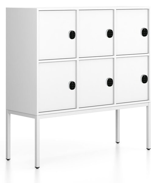 Szafa biurowa FRAME, niska, podstawa biała, 6x drzwi, 1299 x 450 x 1331 mm, mechaniczny zamek szyfrowy, biały