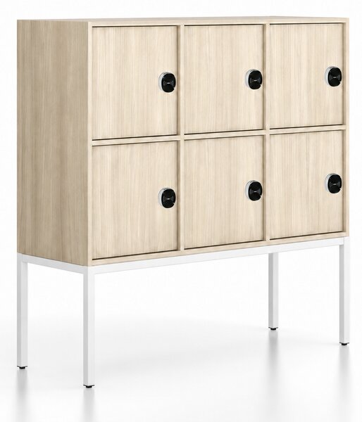 Szafa biurowa FRAME, niska, biała podstawa, 6x drzwi, 1299 x 450 x 1331 mm, zamek RFID, dąb naturalny