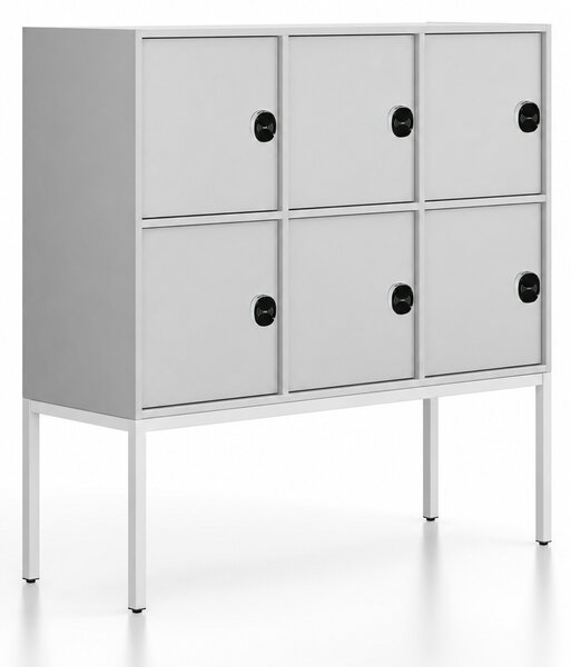 Szafa biurowa FRAME, niska, biała podstawa, 6x drzwi, 1299 x 450 x 1331 mm, zamek RFID, szary
