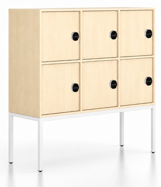 Szafa biurowa FRAME, niska, biała podstawa, 6x drzwi, 1299 x 450 x 1331 mm, zamek RFID, brzoza