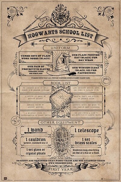 Plakat, Obraz Harry Potter - Szkolna lista zaopatrzenia Hogwartu, (61 x 91.5 cm)