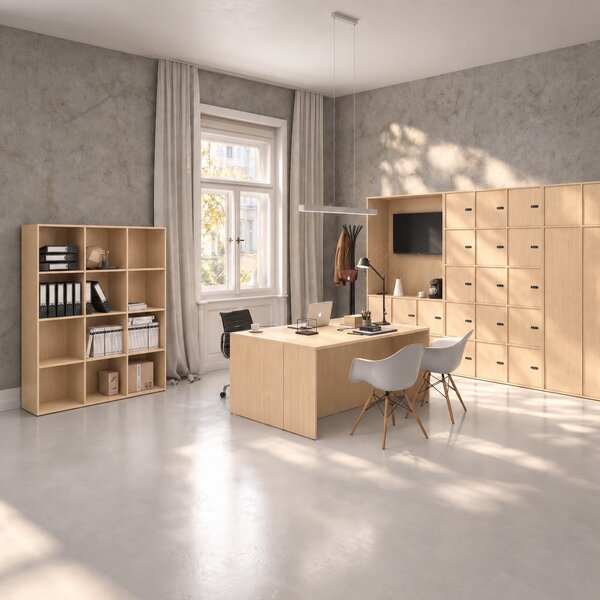 Szafa biurowa FRAME, niska, podstawa biała, 6x drzwi, 1299 x 450 x 1331 mm, mechaniczny zamek szyfrowy, brzoza