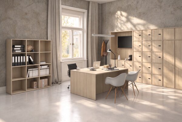 Szafa biurowa FRAME, podstawa biała, 12x drzwi, 1299 x 450 x 2185 mm, mechaniczny zamek szyfrowy, dąb naturalny