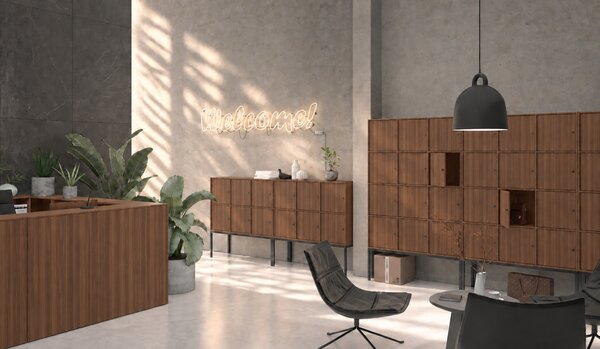 Szafa biurowa FRAME, podstawa biała, 12x drzwi, 1299 x 450 x 2185 mm, zamek cylindryczny, orzech