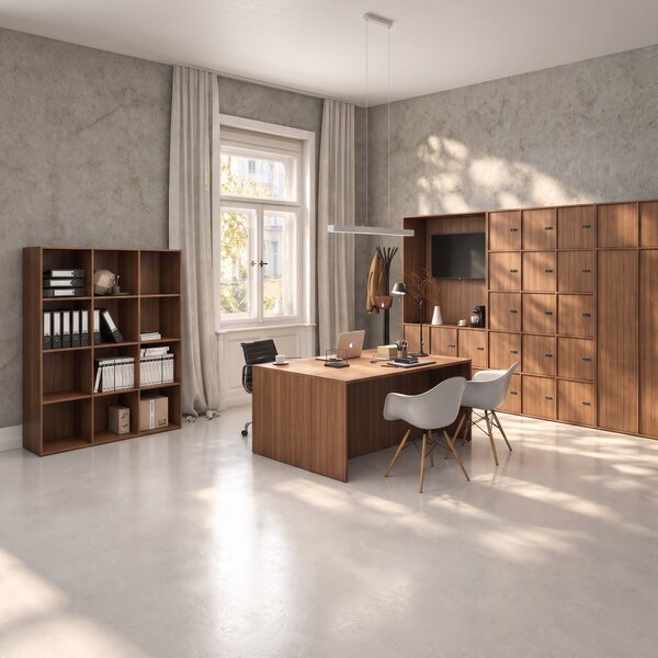 Szafa biurowa FRAME, podstawa biała, 12x drzwi, 1299 x 450 x 2185 mm, mechaniczny zamek szyfrowy, orzech