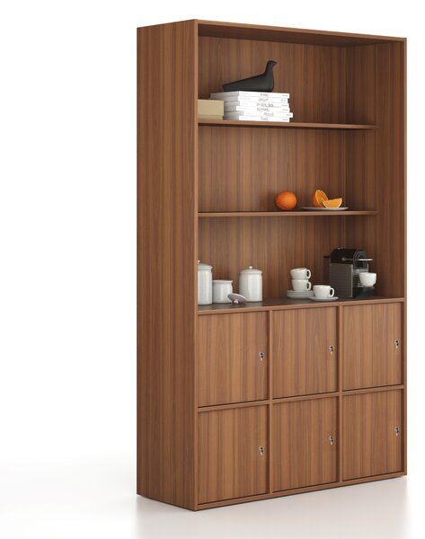 Szafka biurowa FRAME, 6x drzwi, 2x półka, 1299 x 450 x 2162 mm, zamek cylindryczny, orzech