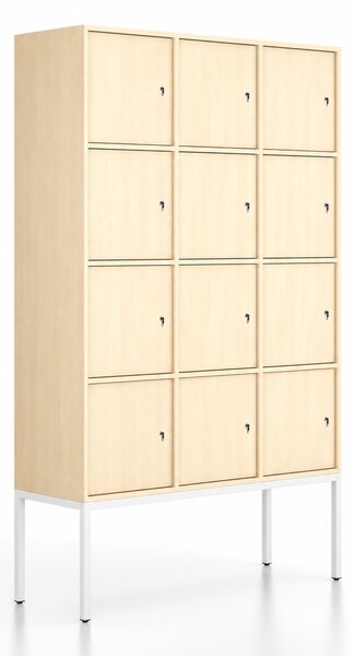 Szafa biurowa FRAME, podstawa biała, 12x drzwi, 1299 x 450 x 2185 mm, zamek cylindryczny, brzoza