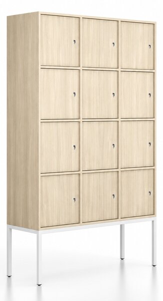 Szafa biurowa FRAME, podstawa biała, 12x drzwi, 1299 x 450 x 2185 mm, zamek cylindryczny, dąb naturalny