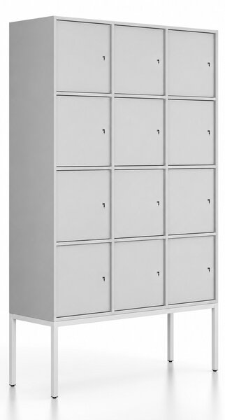 Szafa biurowa FRAME, podstawa biała, 12x drzwi, 1299 x 450 x 2185 mm, zamek cylindryczny, szary
