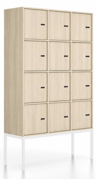Szafa biurowa FRAME, podstawa biała, 12x drzwi, 1299 x 450 x 2185 mm, mechaniczny zamek szyfrowy, dąb naturalny