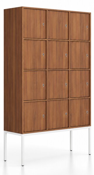 Szafa biurowa FRAME, podstawa biała, 12x drzwi, 1299 x 450 x 2185 mm, zamek cylindryczny, orzech