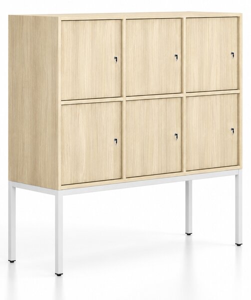 Szafa biurowa FRAME, niska, podstawa biała, 6x drzwi, 1299 x 450 x 1331 mm, zamek cylindryczny, dąb naturalny