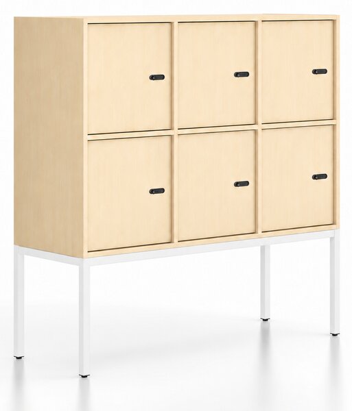 Szafa biurowa FRAME, niska, podstawa biała, 6x drzwi, 1299 x 450 x 1331 mm, mechaniczny zamek szyfrowy, brzoza