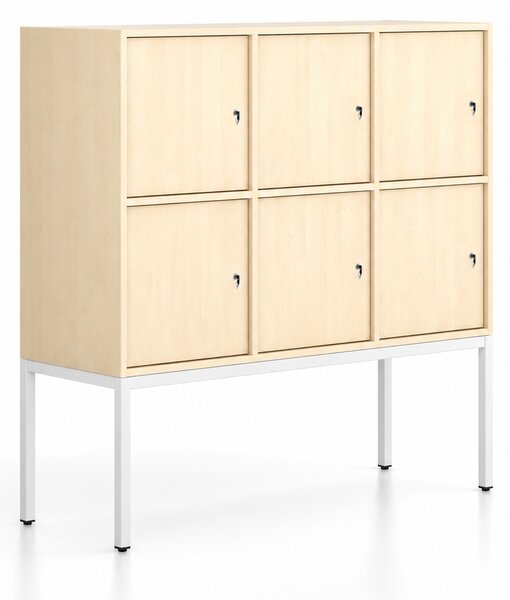 Szafa biurowa FRAME, niska, podstawa biała, 6x drzwi, 1299 x 450 x 1331 mm, zamek cylindryczny, brzoza
