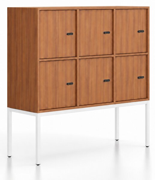 Szafa biurowa FRAME, niska, podstawa biała, 6x drzwi, 1299 x 450 x 1331 mm, mechaniczny zamek szyfrowy, orzech