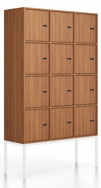 Szafa biurowa FRAME, podstawa biała, 12x drzwi, 1299 x 450 x 2185 mm, mechaniczny zamek szyfrowy, orzech