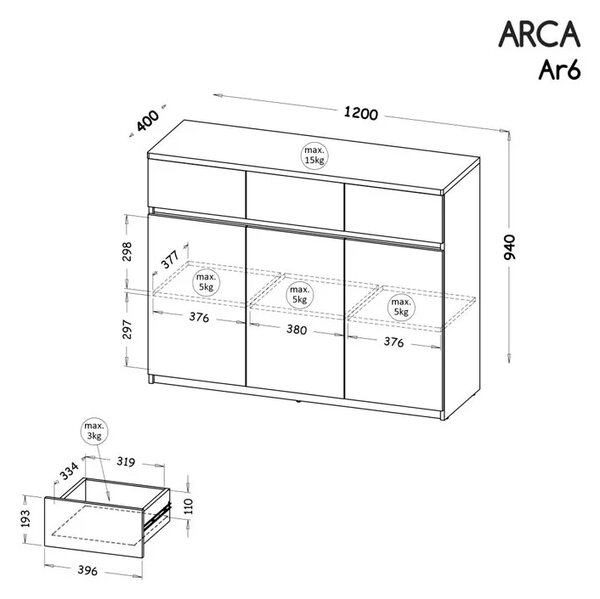 Komoda dziecięca 120 cm z 3 szufladami Arca 06 Biała