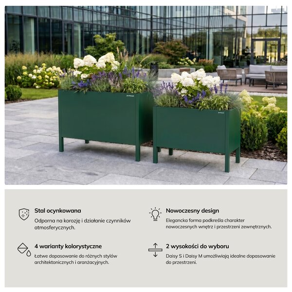 Osłona donica na kwiaty metalowa mała butelkowa zieleń: DAISY 400 x 350 x 250 mm
