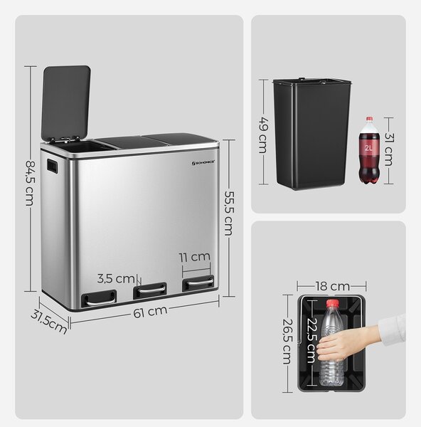 Kosz do segregacji odpadów SORT 54 l (3x18 l), srebrna SongmicsHome
