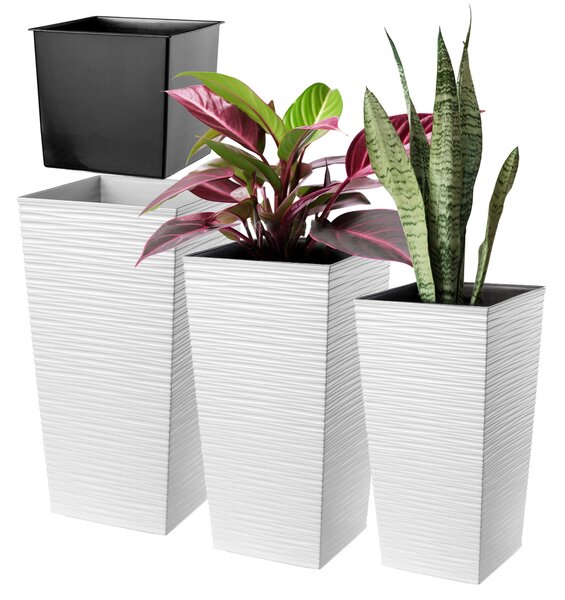 Donice na kwiaty wkładem Tuluza dłuto 19 cm + 25 cm + 30 cm, białe