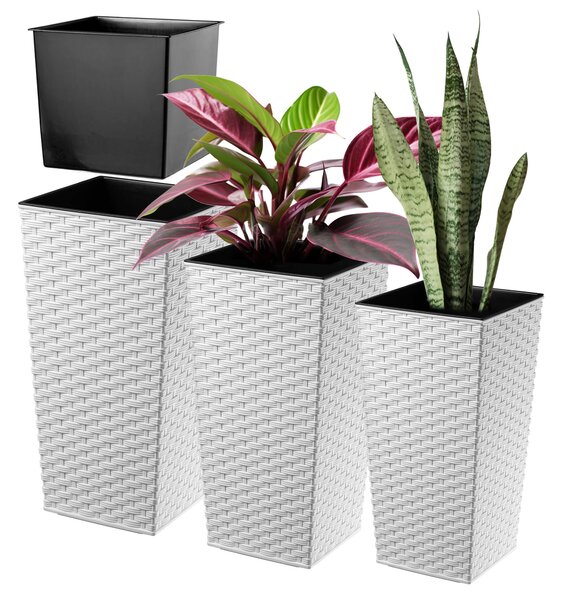 Donice na kwiaty z wkładem Pesaro rattan 19 cm + 25 cm + 30 cm, białe