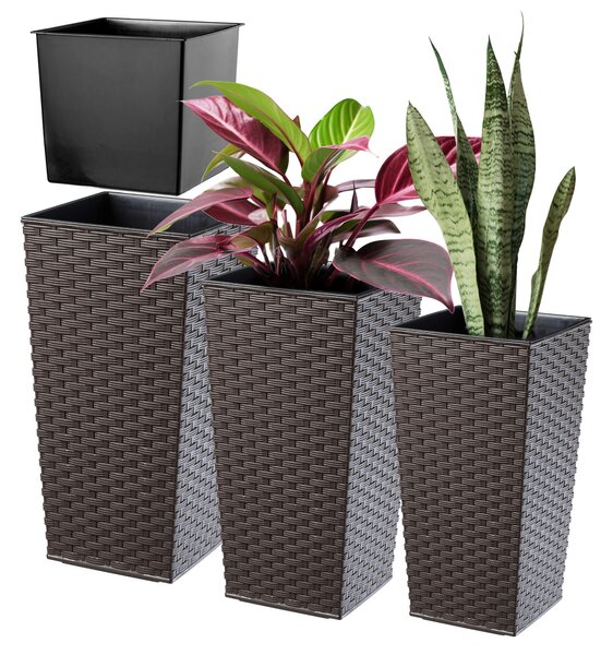 Donice na kwiaty z wkładem Pesaro rattan 25 cm + 30 cm +35 cm, mokka