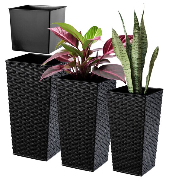 Donice na kwiaty z wkładem Pesaro rattan 19 cm + 25 cm + 30 cm, czarne