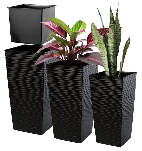 Donice na kwiaty z wkładem Tuluza dłuto 19 cm + 25 cm + 30 cm, czarne