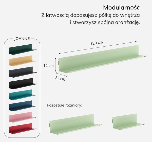 Półka wisząca metalowa pastelowy zielony, 1200 mm: JOANNE Fresh Style