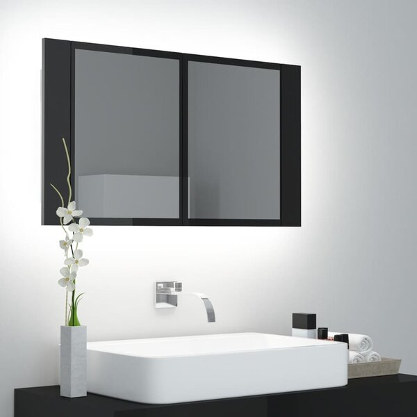 Szafka łazienkowa z lustrem i LED, czarna, połysk, akryl