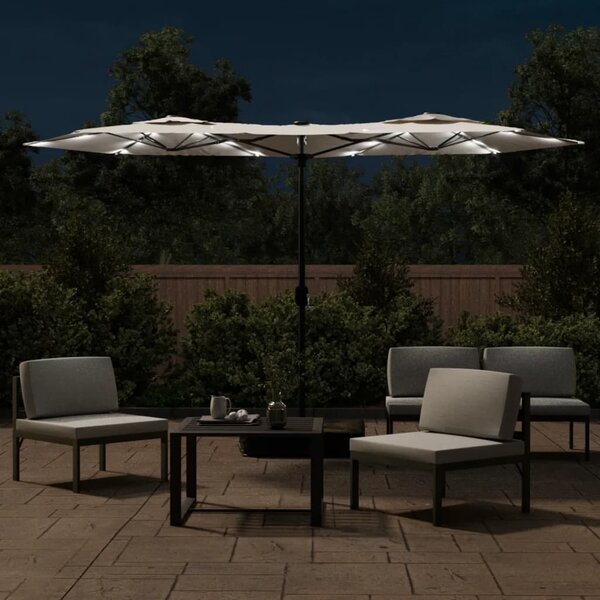 Podwójny parasol ogrodowy z LED, piaskowy, 316x145 cm