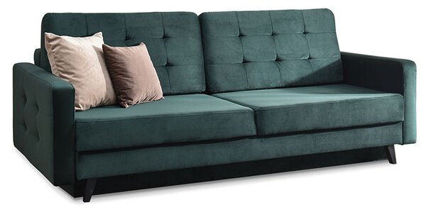 Stylowa kanapa pikowana aura butelkowa zieleń rozkładana sofa z pojemnikiem