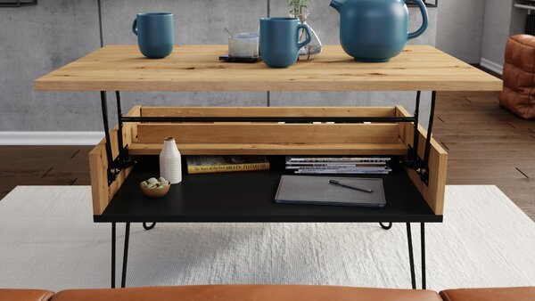 HAIRPIN S-90 Dąb Artisan/Czarny Mat - NOWOCZESNY STOLIK KAWOWY ŁAWA Z PODNOSZONYM BLATEM + SCHOWKIEM + PÓŁKĄ