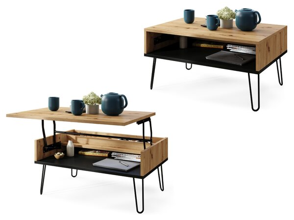 HAIRPIN S-90 Dąb Artisan/Czarny Mat - NOWOCZESNY STOLIK KAWOWY ŁAWA Z PODNOSZONYM BLATEM + SCHOWKIEM + PÓŁKĄ
