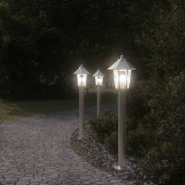 Lampy ogrodowe na słupku, 3 szt., srebrne, 80 cm, stal