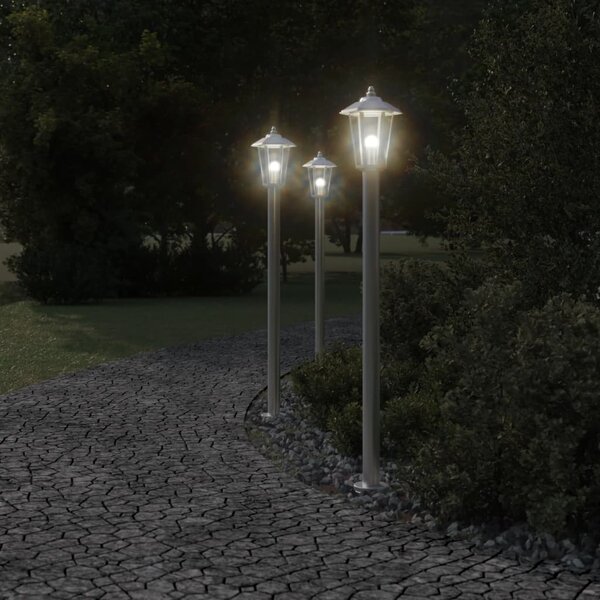 Lampy ogrodowe na słupku, 3 szt., srebrne, 120 cm, stal