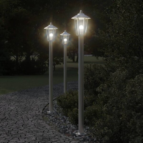 Lampy ogrodowe na słupku, 3 szt., srebrne, 120 cm, stal