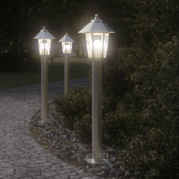 Lampy ogrodowe na słupku, 3 szt., srebrne, 80 cm, stal