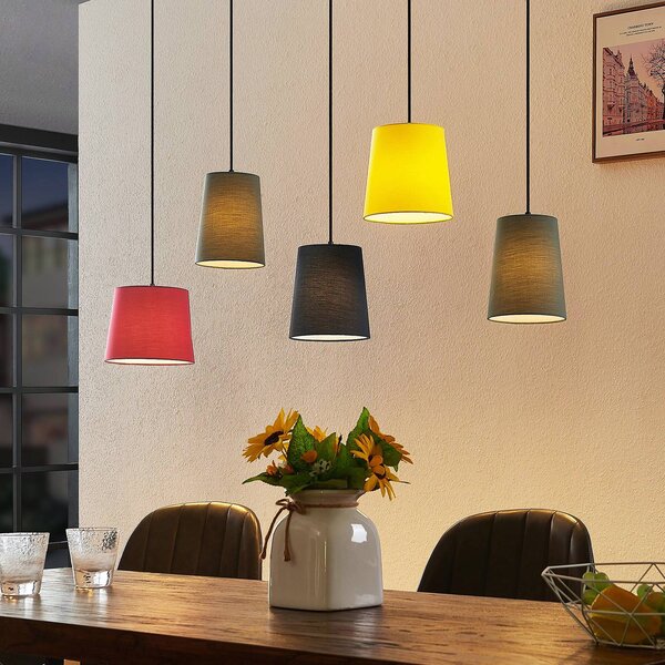 Lampa wisząca Amilia Lindby, możliwość ściemniania, jasne drewno, salon / jadalnia, tkanina / materiał / jedwab, młodzieżowy