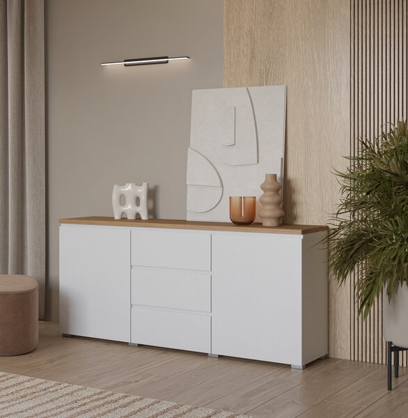 Komoda ORVO 150 cm do Salonu Sypialni Biały-dąb mauvella