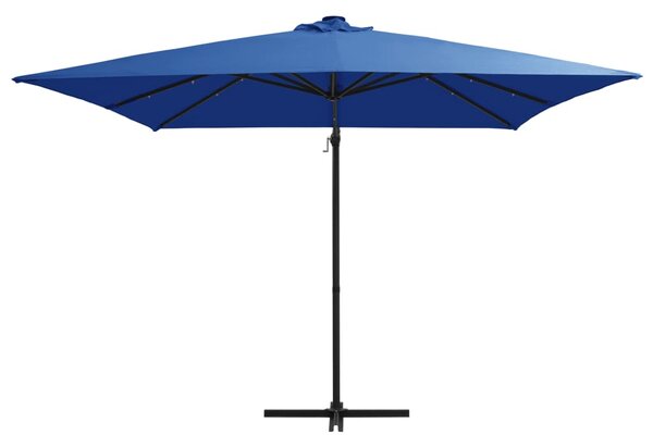 Parasol wiszący z LED i stalowym słupkiem 250x250 cm, niebieski