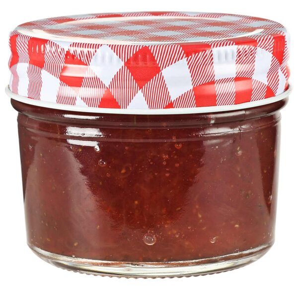 Szklane słoiki na dżem, biało-czerwone pokrywki, 96 szt, 110 ml