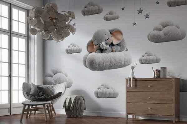 Fototapety uroczy mały słonik w stylu 3D, śpiący wśród puszystych chmur, Fototapety Zwierzęta, w05754 : Uwalls.pl