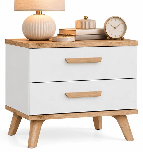 Biała szafka nocna z 2 szufladami w stylu scandi biały + dąb artisan E2-Z83