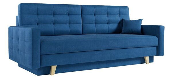 Skandynawska, niebieska sofa, rozkładana kanapa wypoczynkowa z funkcją spania i pojemnikiem na pościel – FRIGA