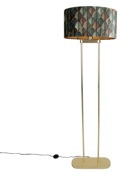 Mosiężna lampa podłogowa z owalnym kloszem z motywem liści i złotym wnętrzem 50 cm - Thijmen