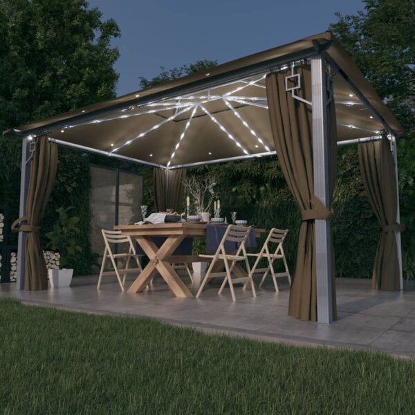 Altana z zasłonami i lampkami LED, 4x3 m, taupe, aluminium